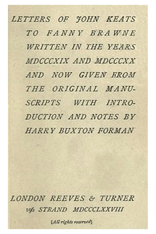 Letters of John Keats to Fanny Brawne