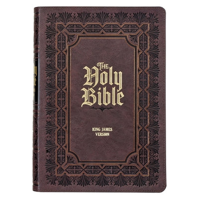KJV Study Bible, Large Print King James Version Holy Bible, Thumb Tabs, Ribbons, Faux Leather Dark Brown Debossed by Christian Art Gifts