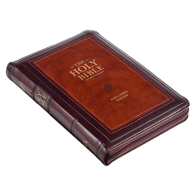 KJV Holy Bible, Compact Faux Leather Red Letter Edition - Ribbon Marker, King James Version, Burgundy/Saddle Tan, Zipper Closure by 