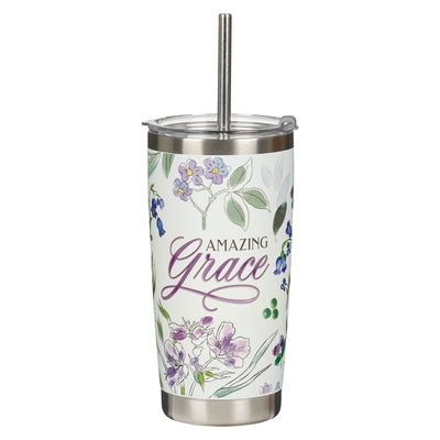 Christian Art Gifts Large Sturdy Stainless Steel Travel Mug for Women: Amazing Grace, Inspirational, Double Wall Vacuum Insulated W/Straw, Hot/Cold Be by Christian Art Gifts