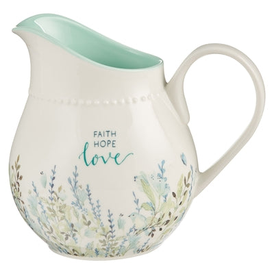 With Love Inspirational Ceramic Pitcher - Faith Hope Love Floral Teal - Dishwasher Microwave Safe - 32oz. by Christian Art Gifts