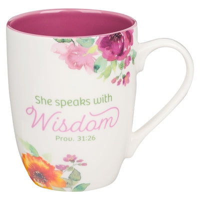 Christian Art Gifts Ceramic Coffee and Tea Mug for Women: She Speaks with Wisdom - Proverbs 31:26 Inspirational Bible Verse, Multi-Floral, Maroon Red, by Christian Art Gifts