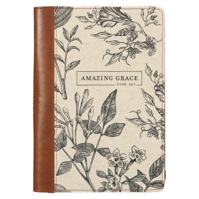 Christian Art Gifts Scripture Journal Brown/Cream Floral Printed Amazing Grace 2 Cor. 12:9 Bible Verse Inspirational Faux Leather Notebook, Zipper Clo by Christian Art Gifts