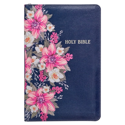 KJV Holy Bible Standard Size Faux Leather Red Letter Edition Thumb Index & Ribbon Marker, King James Version, Blue Floral, Zipper Closure by Christian Art Gifts