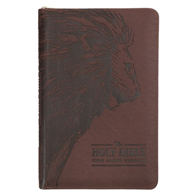 KJV Holy Bible, Standard Size Faux Leather Red Letter Edition - Thumb Index & Ribbon Marker, King James Version, Brown Lion Zipper Closure by Christian Art Gifts