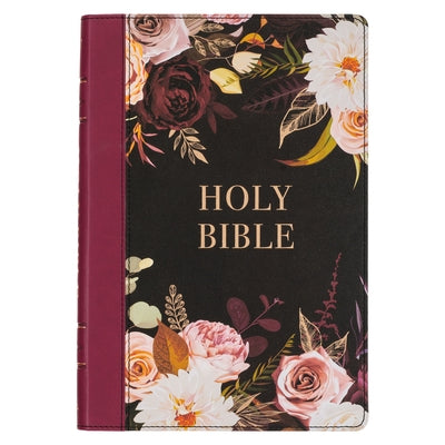 KJV Holy Bible, Thinline Large Print Faux Leather Red Letter Edition - Thumb Index & Ribbon Marker, King James Version, Black/Burgundy Printed Floral by Christian Art Gifts