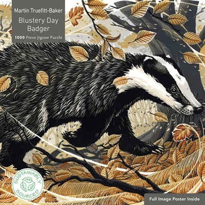 Adult Sustainable Jigsaw Puzzle Martin Truefitt-Baker: Blustery Day Badger: 1000-Pieces. Ethical, Sustainable, Earth-Friendly by Flame Tree Studio