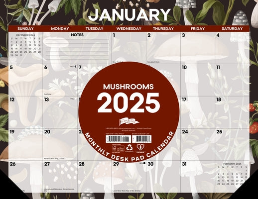 Mushrooms 2025 22 X 17 Large Monthly Deskpad by Willow Creek Press