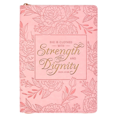 Christian Art Gifts Scripture Journal Pink Strength & Dignity Proverbs 31:25 Bible Verse Inspirational Faux Leather Notebook, Zipper Closure, 336 Rule by Christian Art Gifts