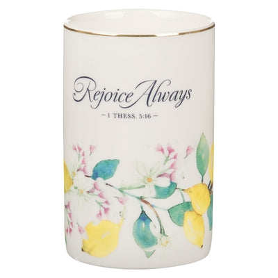 Christian Art Gifts Ceramic Table Vase for Flowers & Plants: Rejoice Always Inspirational Bible Verse for Home & Kitchen with Yellow Lemons, Green Lea by Christian Art Gifts