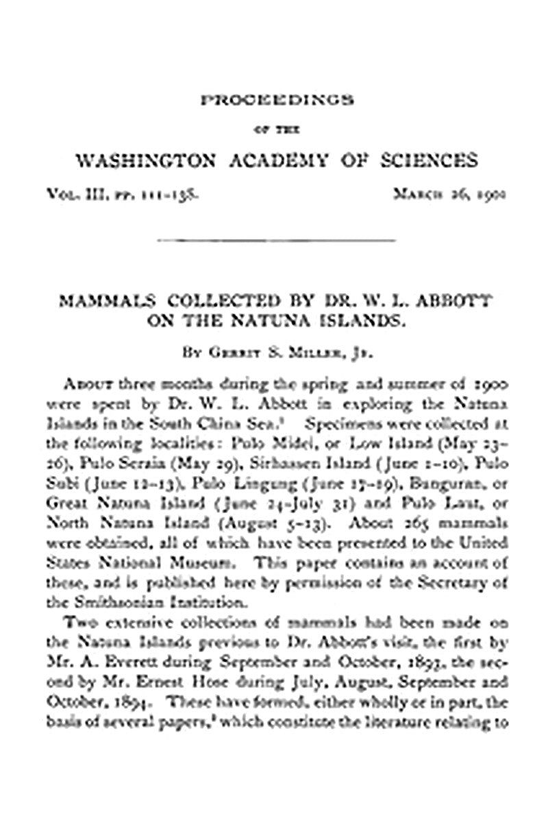 Mammals Collected by Dr. W. L. Abbott on the Natuna Islands