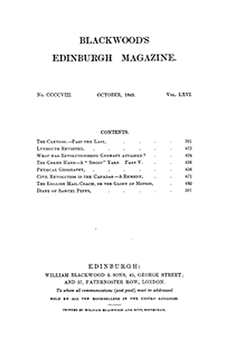 Blackwood's Edinburgh Magazine, Volume 66, No. 408, October 1849