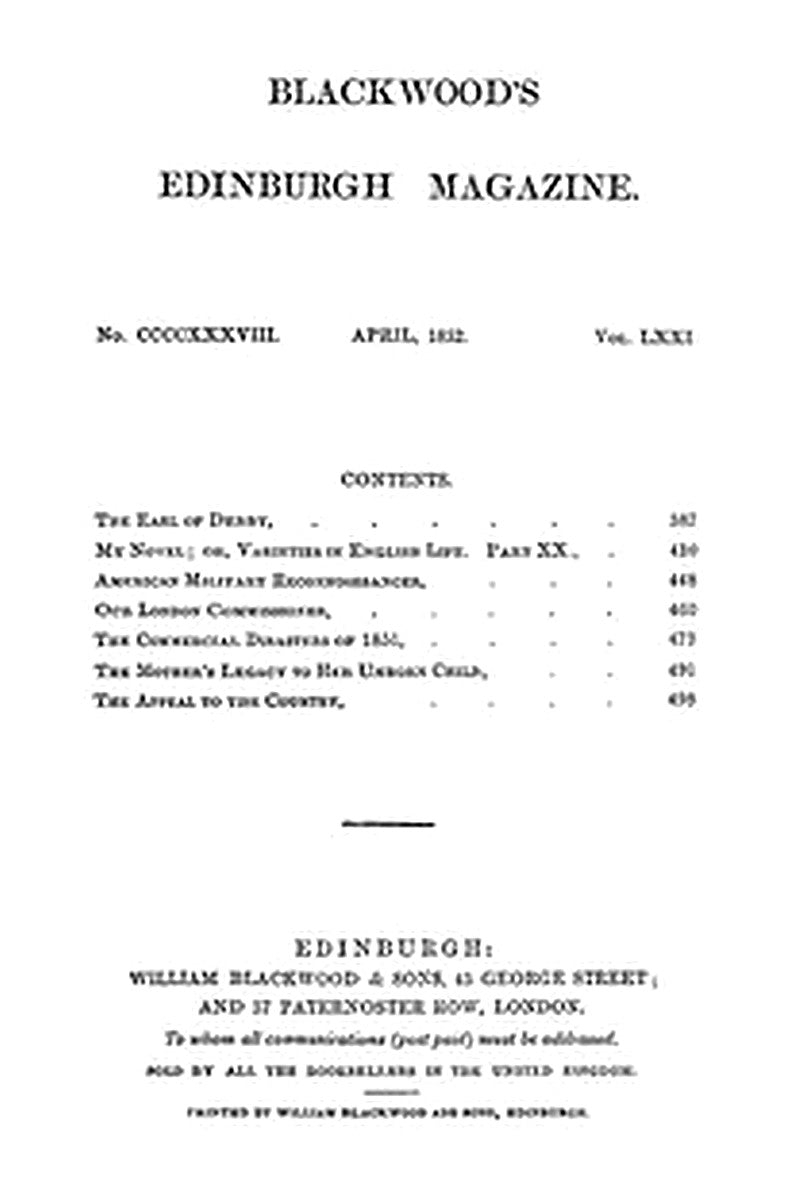 Blackwood's Edinburgh Magazine, Vol. 71, No. 438, April 1852