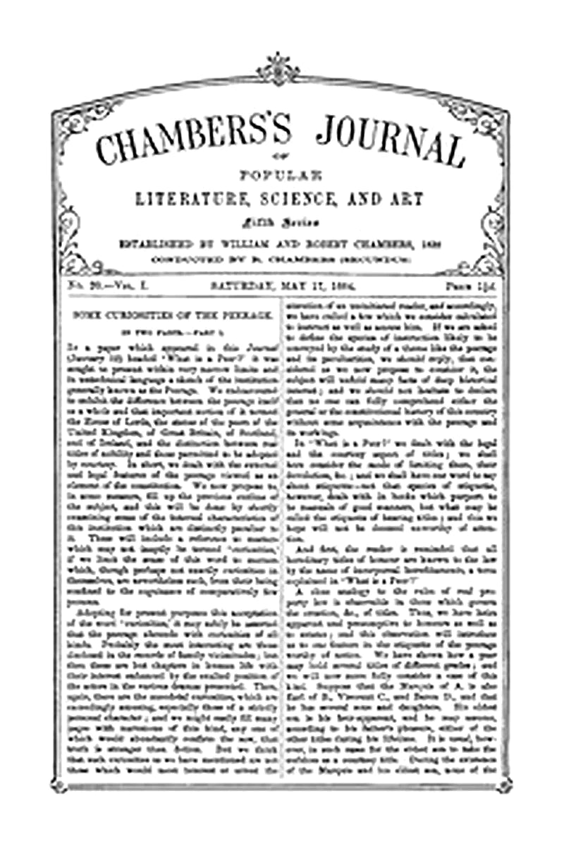 Chambers's Journal of Popular Literature, Science, and Art, Fifth Series, No. 20, Vol. I, May 17, 1884