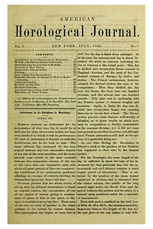 American Horological Journal, Vol. I, No. 1, July 1869: Devoted to Pratical Horology