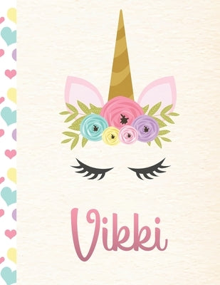 Vikki: Personalized Unicorn Primary Handwriting Notebook For Girls With Pink Name - Dotted Midline Handwriting Practice Paper by Handwriting, Unique Unicorn