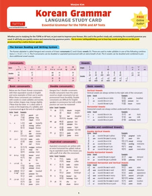 Korean Grammar Language Study Card: Essential Grammar Points for the Topik Test (Includes Online Audio) by Kim, Woojoo