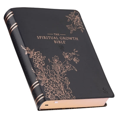 The Spiritual Growth Bible, Study Bible, NLT - New Living Translation Holy Bible, Faux Leather, Black Rose Gold Debossed Floral by Christianart Gifts