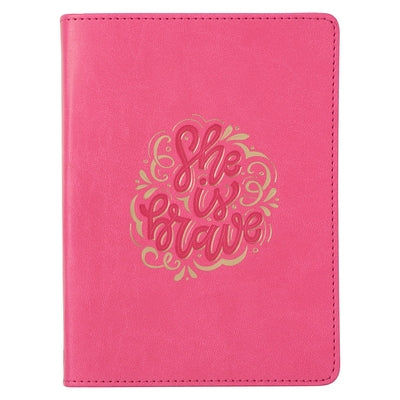 Classic Handy-Sized Journal She Is Brave Inspirational Notebook W/Ribbon, Faux Leather Flexcover 240 Ruled Pages, 5.7 X 7, Pink by Christian Art Gifts