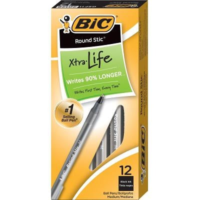 Bic Round Stic Xtra-Life Ballpoint Pen, Medium Point, 1.0mm, Black Ink, Dozen (Gsm11bk) by Bic