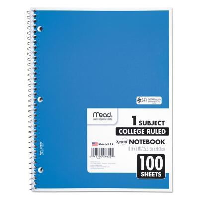 Mead Spiral 1-Subject Notebook, 8 X 11, College Ruled, 100 Sheets, Assorted Colors, Each (06622) by Mead